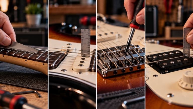 Guitar setup order showing neck relief, string action, intonation, and pickup height adjustments.