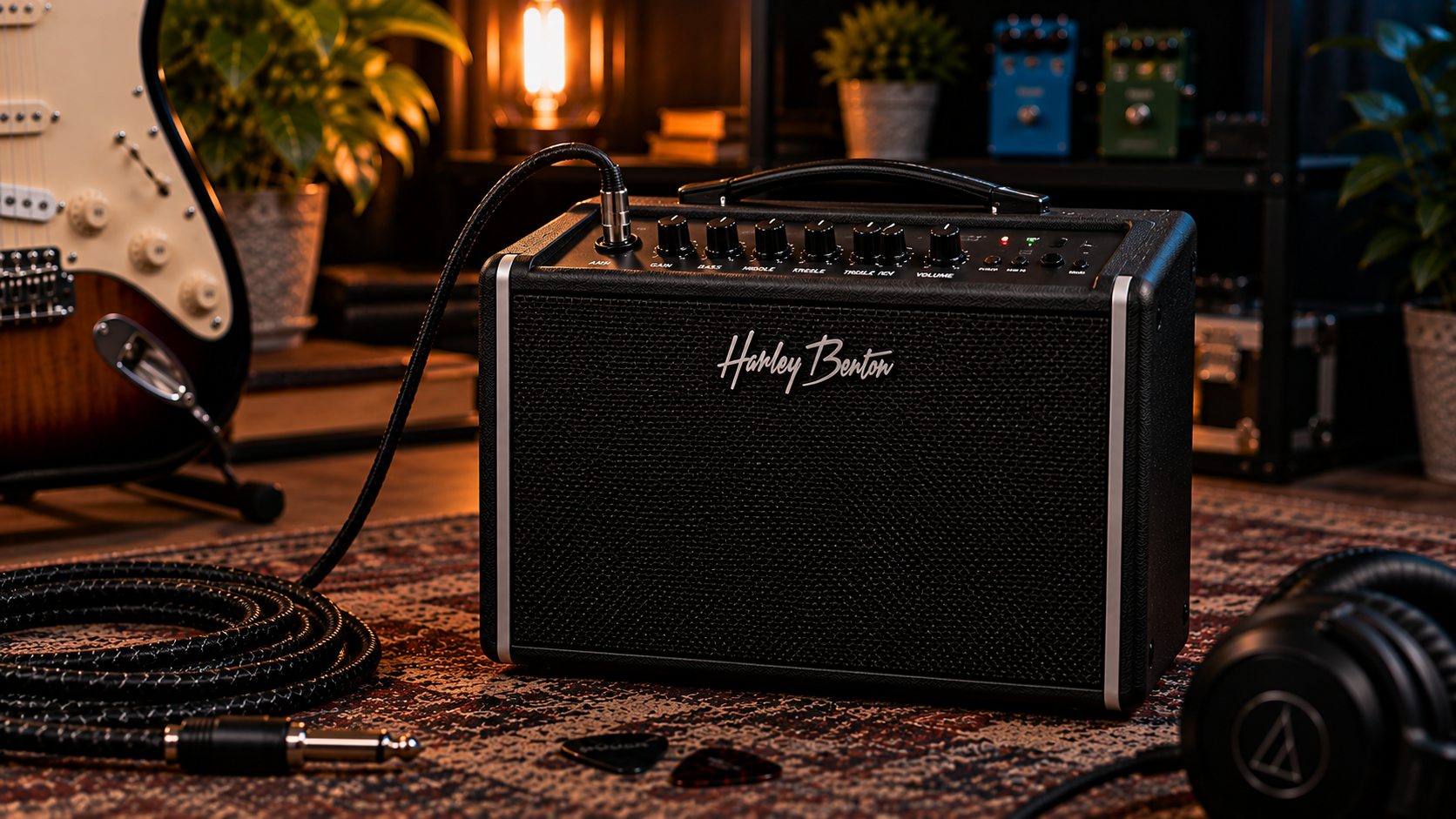 Harley Benton DNAfx AmP10 Review image showing the compact modeling amp in a dark practice setup.