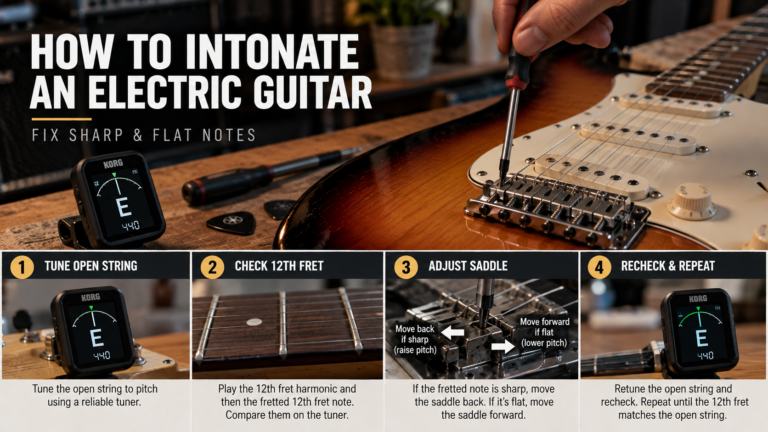 How to intonate a guitar using a tuner and bridge saddle adjustments on an electric guitar.