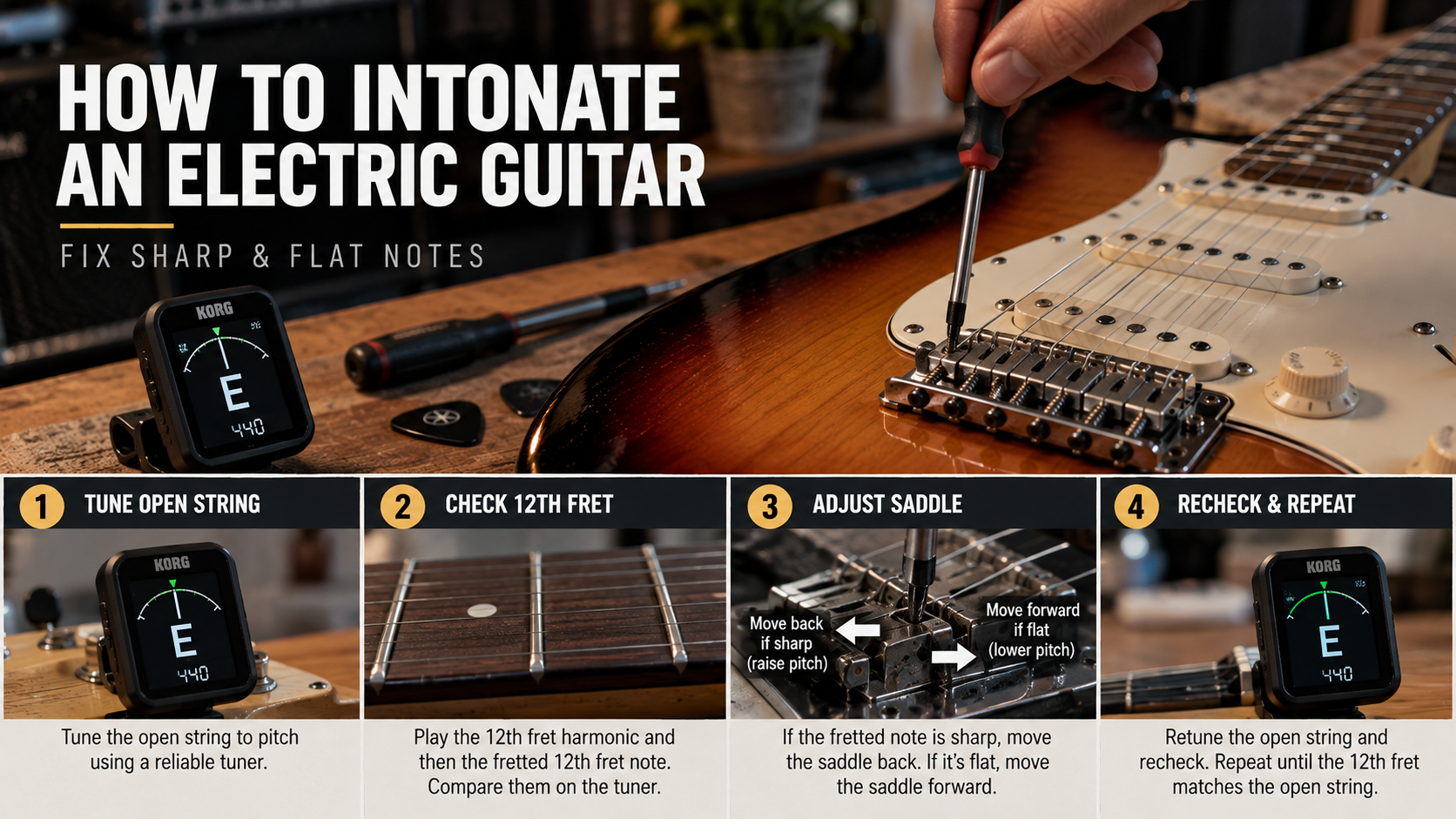 How to intonate a guitar using a tuner and bridge saddle adjustments on an electric guitar.