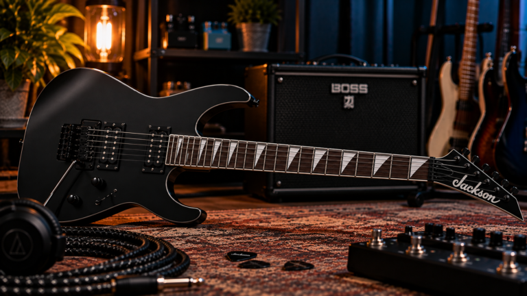 Jackson JS22 Review image showing the black Dinky-style electric guitar in a dark studio setup.