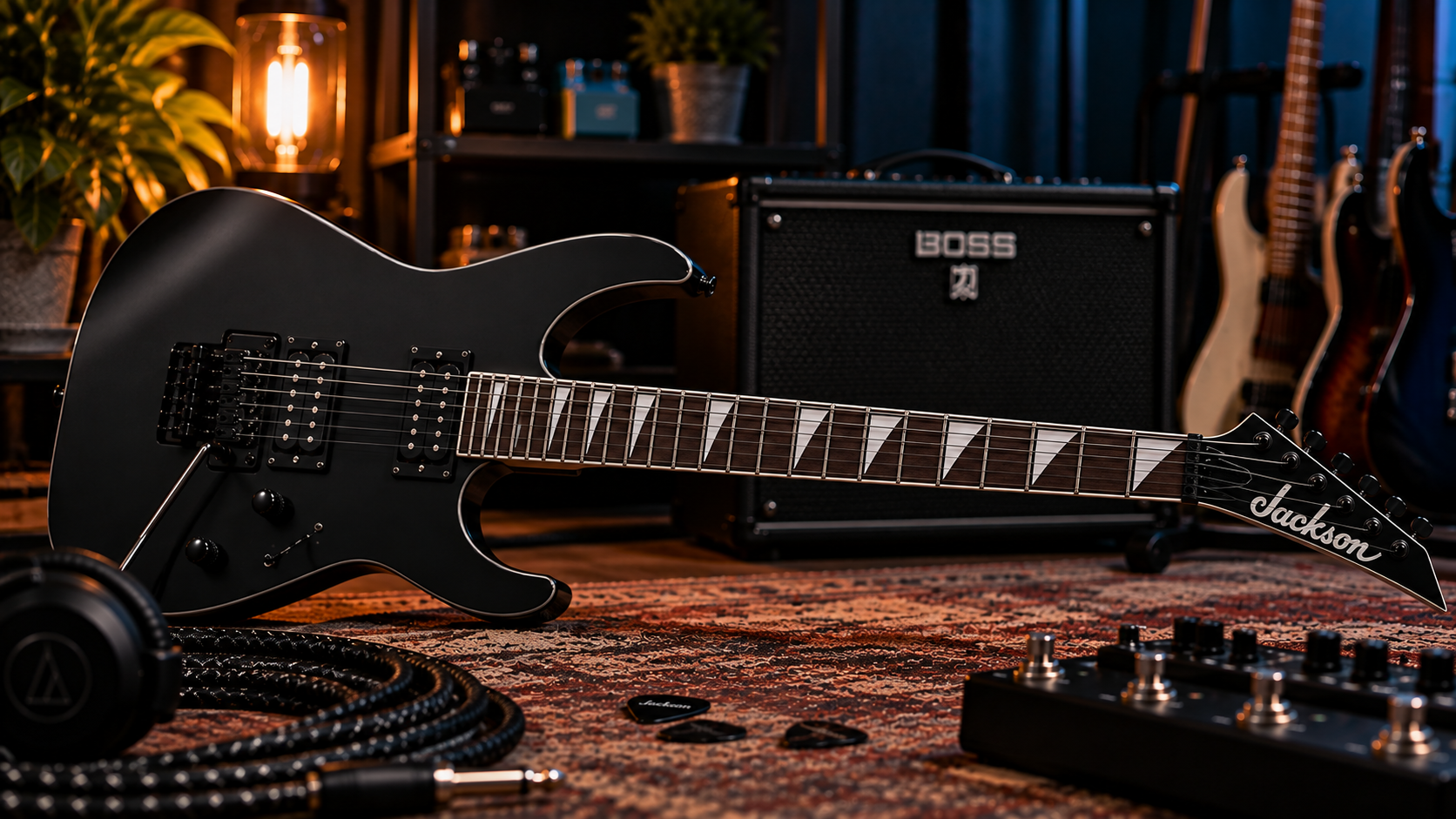 Jackson JS22 Review image showing the black Dinky-style electric guitar in a dark studio setup.