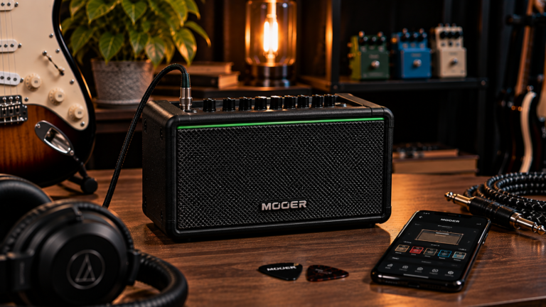 Mooer SD10i Review image showing the compact practice amp with app control in a home studio.