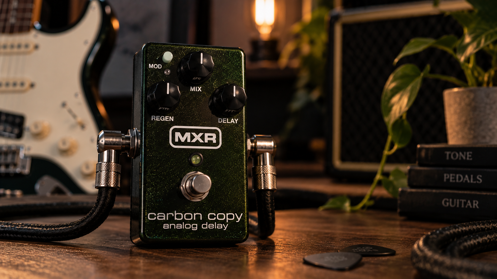 MXR Carbon Copy review image showing the green analog delay pedal in a warm studio setup.