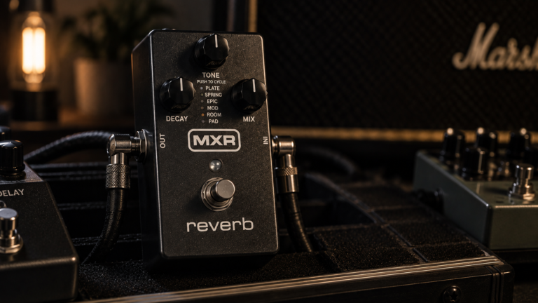 MXR M300 Reverb review image showing the black reverb pedal in a dark studio rig.