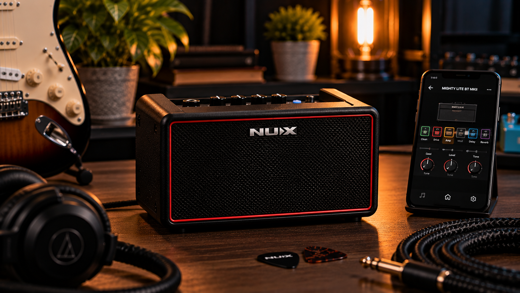 NUX Mighty Lite BT MKII Review image showing the compact practice amp with app control in a home studio.