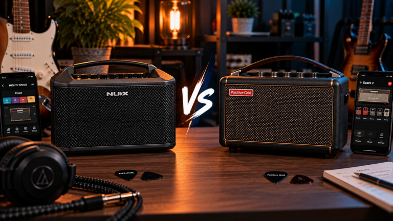 NUX Mighty Space vs Spark 2 comparison image showing both smart practice amps in a studio setup.