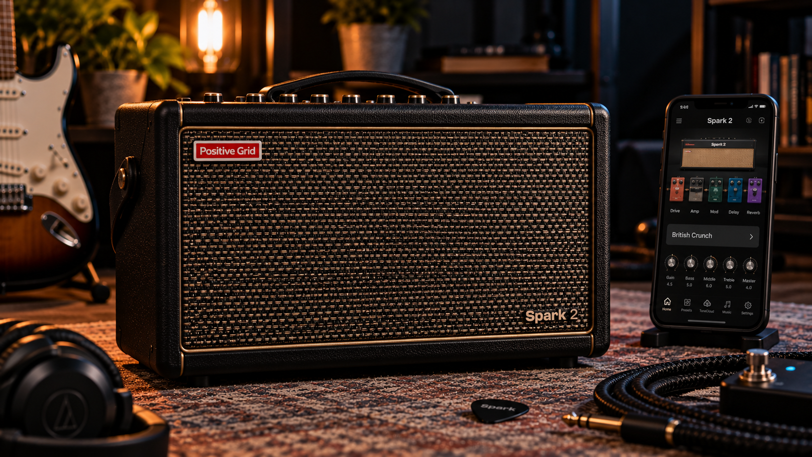 Positive Grid Spark 2 review image showing the smart practice amp with app control in a home studio.