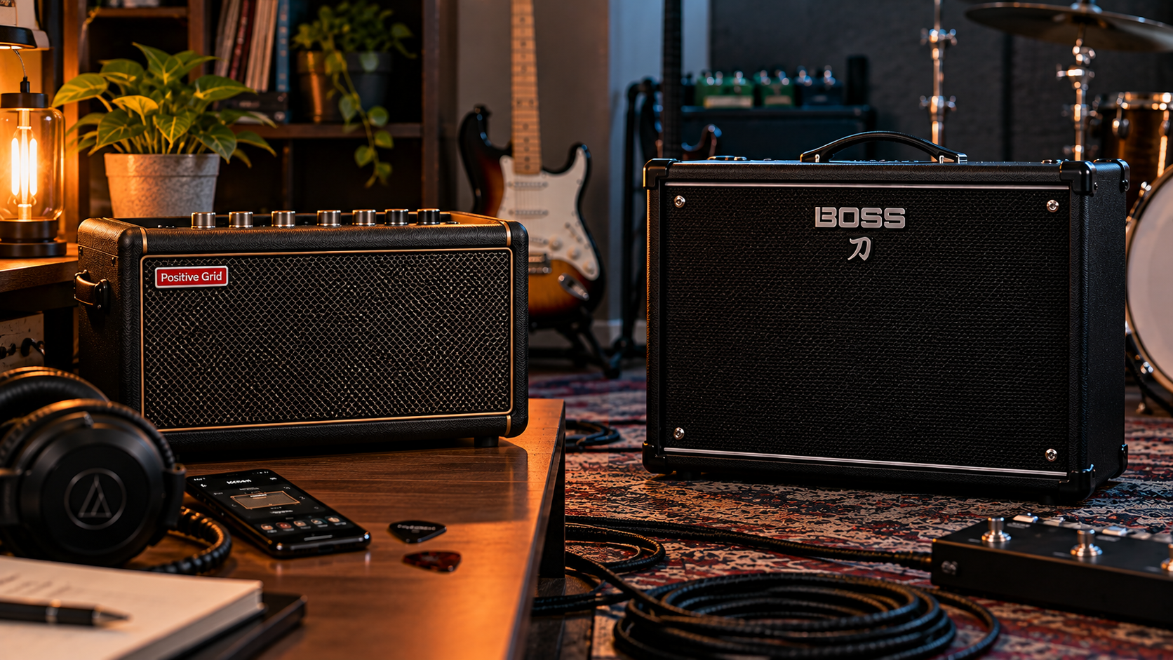 Spark 2 vs Boss Katana 50 Gen 3 comparison image showing both amps in a home-studio setup.