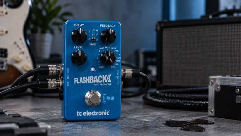 TC Electronic Flashback 2 review image showing the blue delay pedal in a clean studio setup.