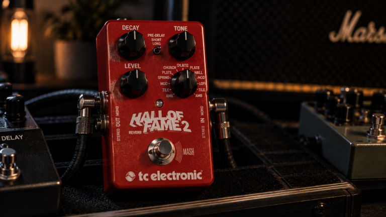 TC Electronic Hall of Fame 2 review image showing the red reverb pedal in a dark studio rig.