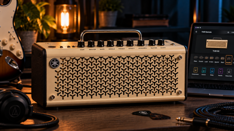 Yamaha THR10II review image showing the cream desktop guitar amp in a modern home-studio setup.