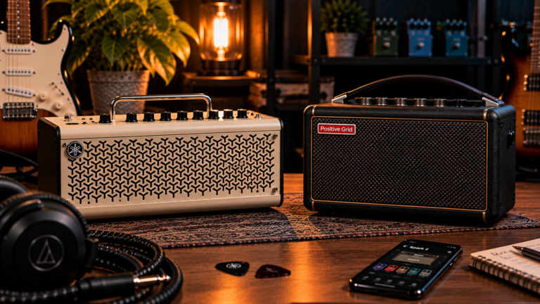 Yamaha THR10II vs Spark 2 comparison image showing both desktop practice amps in a home studio.