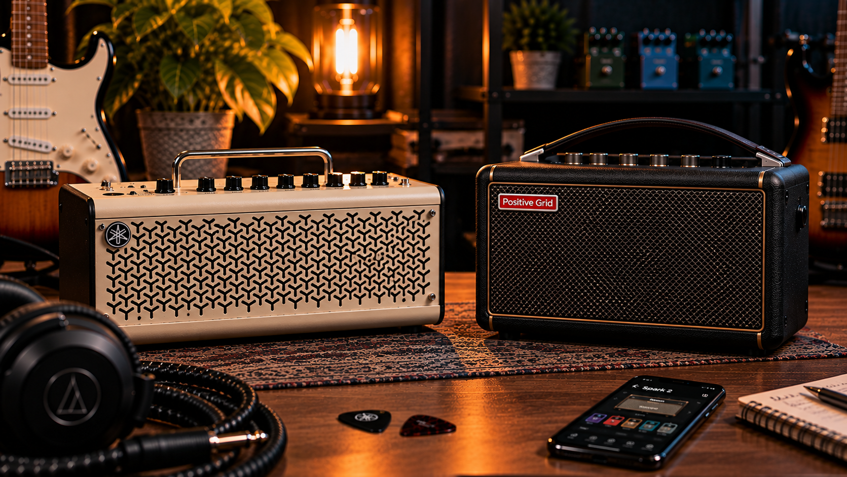 Yamaha THR10II vs Spark 2 comparison image showing both desktop practice amps in a home studio.